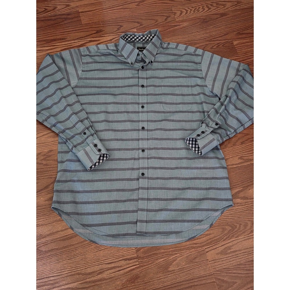 Neiman Marcus Mens Sage Green Grey Striped Button Down Shirt Gingham Trim L XL